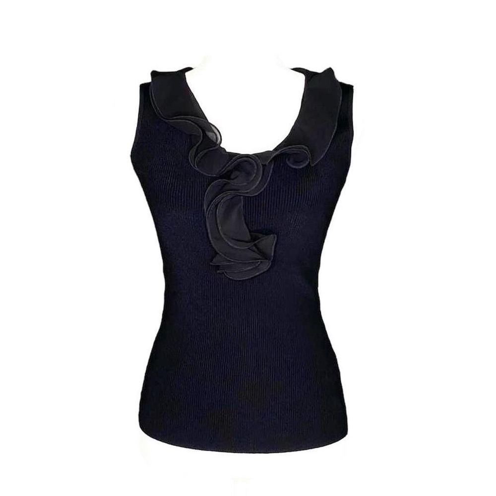 Adrienne Vittadini Black Ruffled V-Neck Ribbed Tank Top, Size M